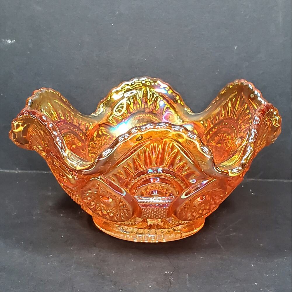 Vtg Iridescent Marigold Carnival Glass Bowl Crimped Ruffled Diamond 5.5"